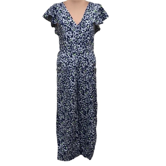 Tanya Taylor Avalon Jumpsuit Size 0 Blue Floral Linen Blend Ruffle Wide Leg - Picture 2 of 14